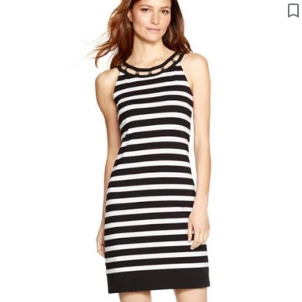 White House Black Market Striped  Sleeveless Jeweled Neckline Dress M